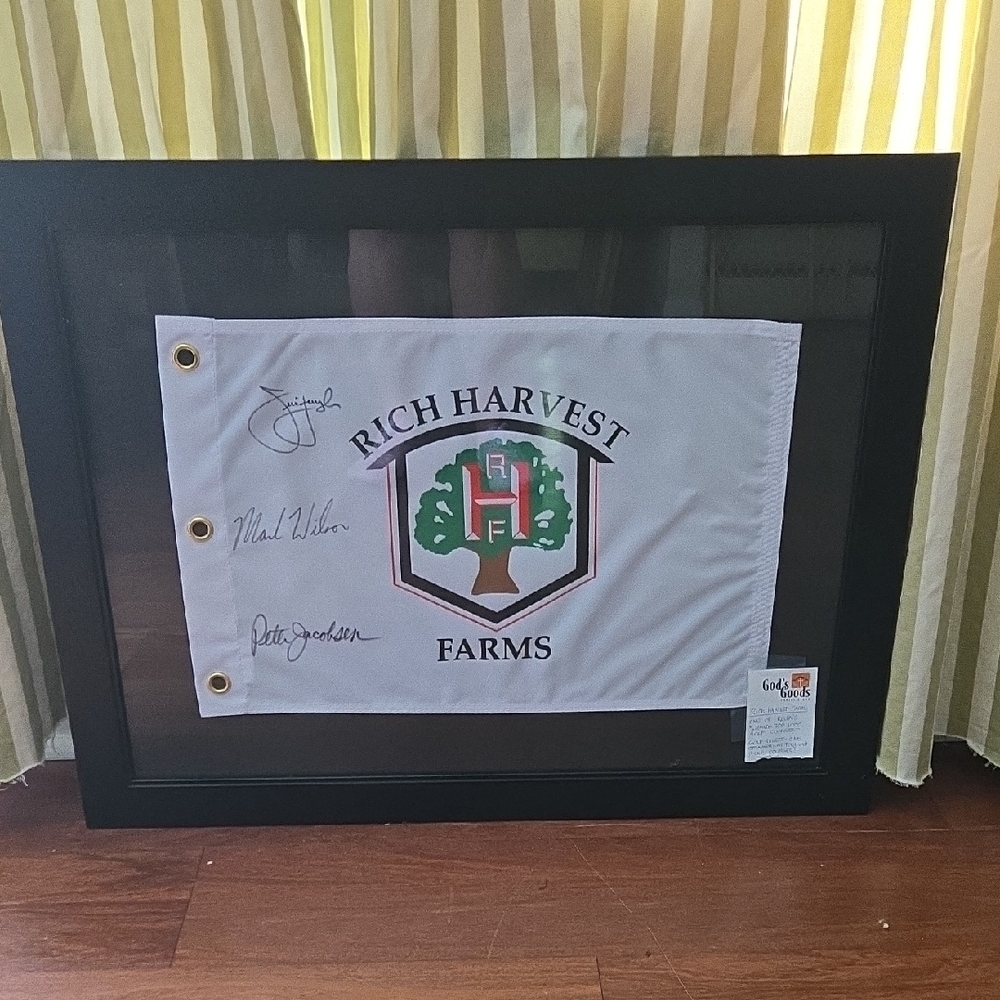 Rich Harvest Farms Golf Course. Signed By Peter Jacobsen, Mark WilsonFramed Flag